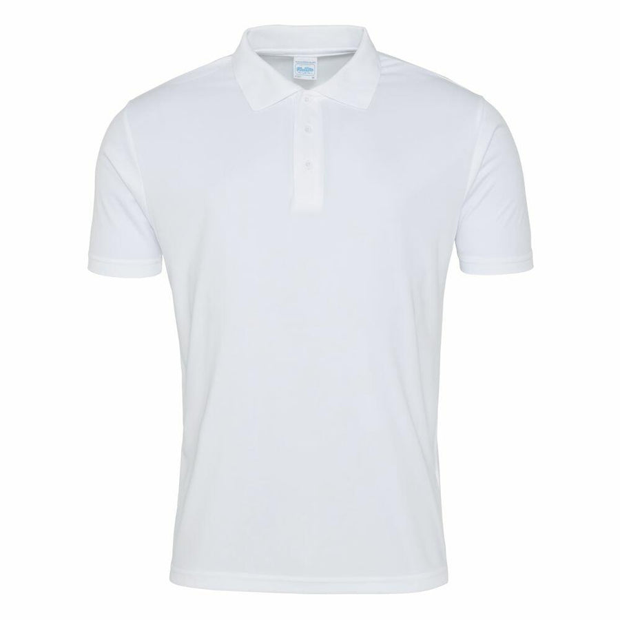 The JC021 by AWDis Just Cool is a white short-sleeve polo shirt featuring a collar and three buttons on the front.