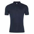 An AWDis Just Cool JC021 black short-sleeved polo shirt featuring a collar and three buttons.