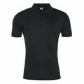 The JC021 by AWDis Just Cool is a plain black polo shirt featuring short sleeves and a classic collar. Displayed against a white background, it highlights its simple and sleek design.