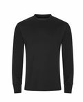 The JC023 by AWDis Just Cool is a plain black long-sleeve shirt featuring a round neckline and ribbed cuffs, showcasing a simple, classic design against a white background.