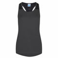The JC027 by AWDis Just Cool is a black sleeveless athletic tank top featuring a racerback design and a rounded hem.