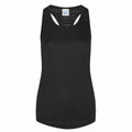 The JC027 by AWDis Just Cool is a black sleeveless athletic tank top featuring a mesh racerback design. It has a lightweight fabric that seems perfect for workouts and is showcased against a white background.