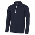 The JC031 pullover by AWDis Just Cool is a black long-sleeve with a quarter-zip design and white trim.
