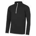 The JC031 pullover by AWDis Just Cool is a black long-sleeve with a partial front zipper and features white trim at the neck and hem.