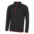 Introducing the JC031 from AWDis Just Cool: This stylish black long-sleeve pullover features a striking red quarter-zip closure and elegant red trim at the hem and cuffs.