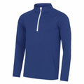 The JC031 from AWDis Just Cool is a blue long-sleeve pullover featuring a half-zip design with a white zipper, smooth fabric, and a high collar, offering a simple and classic style.
