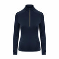 The JC035 by AWDis Just Cool is a navy pullover featuring a high collar, quarter zip, and long sleeves with thumb holes, shown against a plain white background.