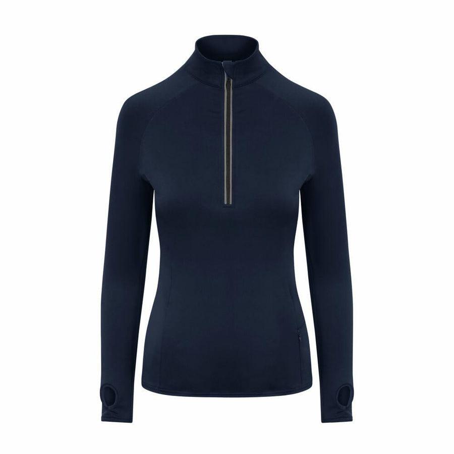The JC035 by AWDis Just Cool is a navy pullover featuring a high collar, quarter zip, and long sleeves with thumb holes, shown against a plain white background.