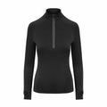 The AWDis Just Cool JC035, a black long-sleeve athletic top featuring a quarter-zip design and thumb holes on the sleeves, is shown against a white background.