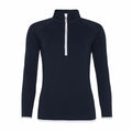 The JC036 by AWDis Just Cool is a black long-sleeve pullover featuring a white half-zipper and white trim at the hem and cuffs.