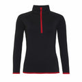 Introducing the JC036 by AWDis Just Cool, a sleek black long-sleeve pullover featuring a red half-zip closure. It boasts a high collar with red detailing at the hem and is crafted from stretchy, athletic fabric.