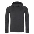 The JC037 hoodie by AWDis Just Cool, featuring long sleeves, a drawstring hood, and thumb holes in a dark gray shade, is displayed against a plain white background.