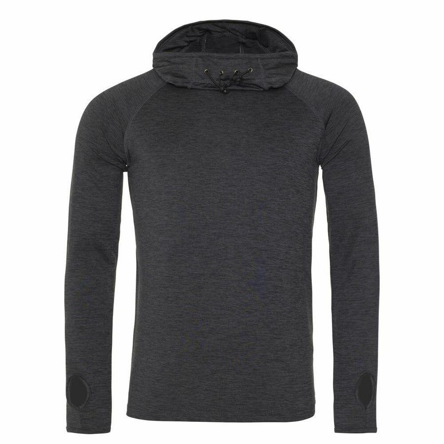 The JC037 hoodie by AWDis Just Cool, featuring long sleeves, a drawstring hood, and thumb holes in a dark gray shade, is displayed against a plain white background.