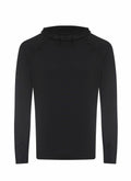 The black JC037 long-sleeve hoodie from AWDis Just Cool features drawstrings and thumb holes, showcased against a plain white background.