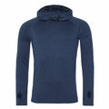 This is the AWDis Just Cool JC037 navy blue long-sleeve hoodie featuring a drawstring hood and thumbholes, crafted from lightweight athletic fabric. The front of the hoodie has a clean, logo-free design.