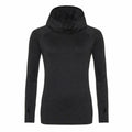 The JC038 by AWDis Just Cool is a black long-sleeve hoodie featuring a high collar and thumb holes, showcased against a white background.