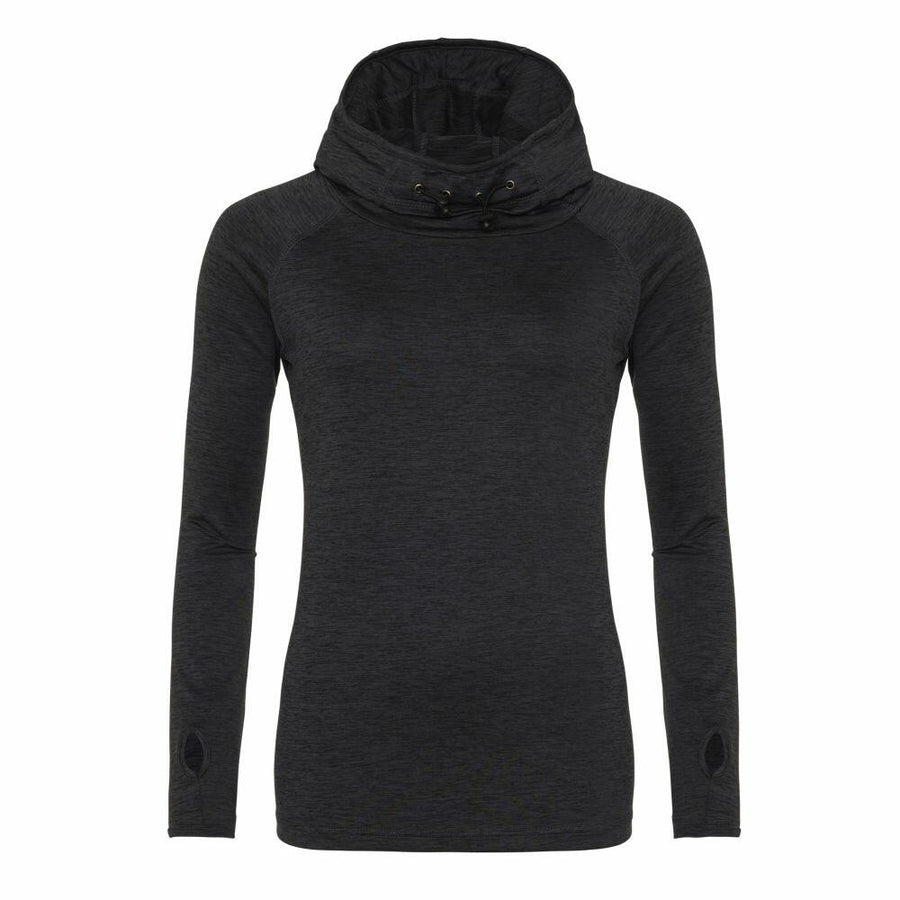 The JC038 by AWDis Just Cool is a black long-sleeve hoodie featuring a high collar and thumb holes, showcased against a white background.