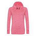 JC038 by AWDis Just Cool is a pink long-sleeve hoodie with a high collar and drawstrings, featuring thumb holes on the cuffs.