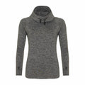 Introducing JC038 by AWDis Just Cool: A stylish women's long-sleeve hoodie in gray, featuring a chic cowl neck and convenient thumbholes on the cuffs.
