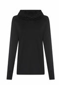 Product JC038, a black long-sleeve hoodie by AWDis Just Cool, features adjustable drawstrings on the hood and thumb holes on the cuffs, displayed against a plain white background.