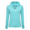 Introducing the JC038 by AWDis Just Cool, a turquoise long-sleeve hoodie featuring a drawstring cowl neck and thumbholes on the sleeves. Designed for a relaxed fit, it is perfect for casual or sporty wear and boasts a slightly heathered texture in the fabric.