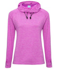 A long-sleeve hoodie by AWDis Just Cool (model JC038) in pink, featuring a high collar and black drawstrings. The fabric showcases a textured, heathered appearance, and the sleeves are designed with thumb holes.