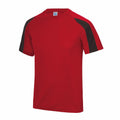 An AWDis Just Cool JC03J red T-shirt with black accents on the shoulders and sleeves, laid flat against a white background.