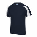 Check out the JC03J, a black short-sleeve T-shirt from AWDis Just Cool. It features contrasting white shoulder panels and sleeves, complemented by a crew neckline for a clean, athletic look.