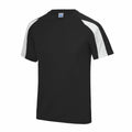 Introducing the JC03J by AWDis Just Cool: A black T-shirt featuring a casual cut, perfect for everyday wear. It boasts a stylish color-block design with contrasting white panels on the shoulders and sleeves, combined with a crew neck and white sleeves.