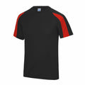 Introducing the JC03J by AWDis Just Cool: a black short-sleeve shirt featuring red stripes along the top of each sleeve. This shirt boasts a crew neck design and is crafted from lightweight, athletic material for optimal performance.