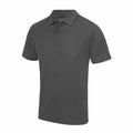 A JC040 short-sleeve polo shirt from AWDis Just Cool, featuring a plain dark gray color with a traditional collar and three buttons. The shirt is displayed against a white background, emphasizing its simple and classic design.