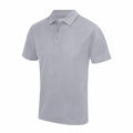 The JC040 by AWDis Just Cool is a light gray short-sleeve polo shirt featuring a classic collar and three buttons, presented on a white background. Its simple and clean design makes it ideal for casual or semi-formal occasions.