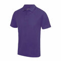 A plain, short-sleeved purple polo shirt from AWDis Just Cool (Product Name: JC040) features a collar and three buttons down the front. The shirt is displayed on a white background, highlighting its simple design and vibrant color.