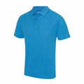 The JC040 by AWDis Just Cool is a plain blue polo shirt featuring short sleeves and a collar, displayed against a white background. It includes three buttons at the collar.