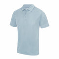 The JC040 polo shirt by AWDis Just Cool is presented against a plain white background, featuring a light blue hue with short sleeves and a three-button placket. Its collar is neatly folded, offering both a casual and polished look.