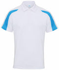 An AWDis Just Cool JC043 polo shirt featuring white fabric and blue shoulder panels, complete with short sleeves.