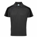 The JC043 from AWDis Just Cool is a plain black polo shirt featuring a collar and three buttons down the front.