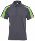 Introducing the AWDis Just Cool JC043: A stylish dark gray polo shirt adorned with vibrant bright green accents on the shoulders and sleeves. This design includes a classic three-button placket and a neat collar, showcased against a plain white background.