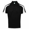 The AWDis Just Cool JC043 polo shirt is black with short sleeves and features white stripes along the shoulders. It has a buttoned collar and no visible design or logo.