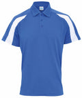 JC043 by AWDis Just Cool is a blue polo shirt featuring white panels on the shoulders and short sleeves.