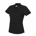 The JC045 by AWDis Just Cool is a plain black short-sleeved polo shirt featuring a collar and button-down placket, set against a white background.