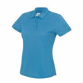 A JC045 blue, short-sleeve polo shirt by AWDis Just Cool, featuring a collar and three-button placket, displayed against a white background.