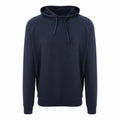 The JC052 hoodie by AWDis Just Cool features a plain navy blue design with a front pocket and drawstring hood, set against a white background.