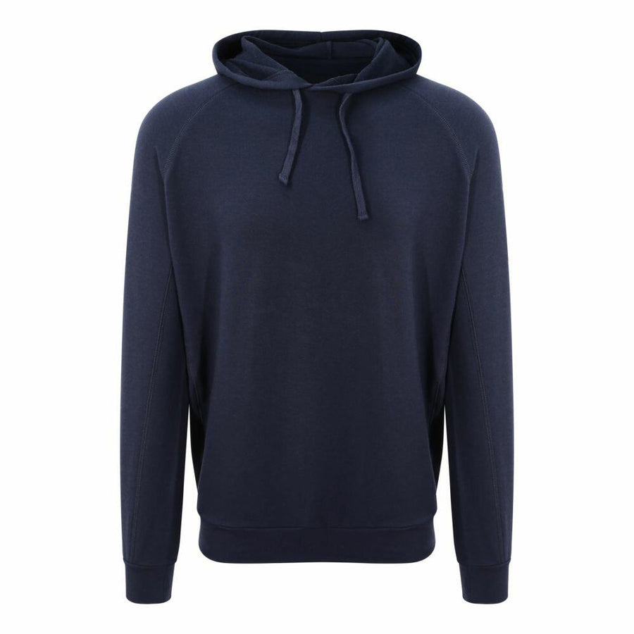 The JC052 hoodie by AWDis Just Cool features a plain navy blue design with a front pocket and drawstring hood, set against a white background.