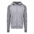 AWDis Just Cool's JC057 is a gray hooded jacket featuring a full zipper and two front pockets, with a solid gray body and darker, speckled gray sleeves.