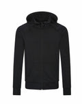 AWDis Just Cool's JC057 is a black zip-up hoodie, featuring front pockets and a hood.