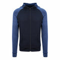 The JC057 zip-up hoodie by AWDis Just Cool showcases a front view with a dark navy body and slate blue sleeves. It includes a hood equipped with adjustable drawstrings and two front pockets.
