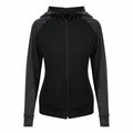 AWDis Just Cool JC058 black and gray zip-up hoodie featuring front pockets and a hood, showcased against a white background.
