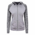The JC058 hoodie by AWDis Just Cool is a gray zip-up with black and gray speckled sleeves, a drawstring hood, and two front pockets.