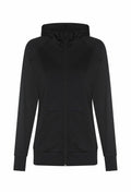 The JC058 hoodie by AWDis Just Cool features a front zipper, drawstring hood, and two front pockets in a sleek black design.